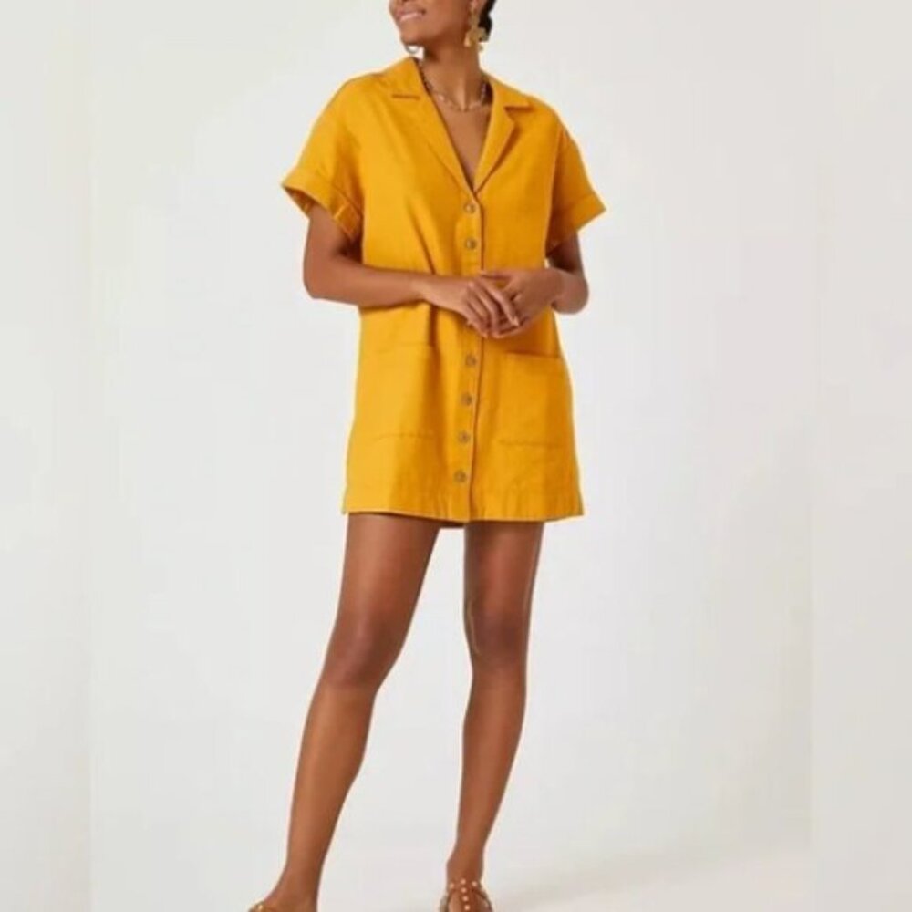 Anthropologie Pilcro Cotton Linen Mini Dress Button Front Patch Pocket Boho